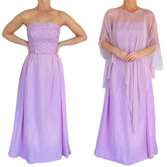 Vintage 70’s lavender chiffon embroidered strapless formal dress shawl size 2